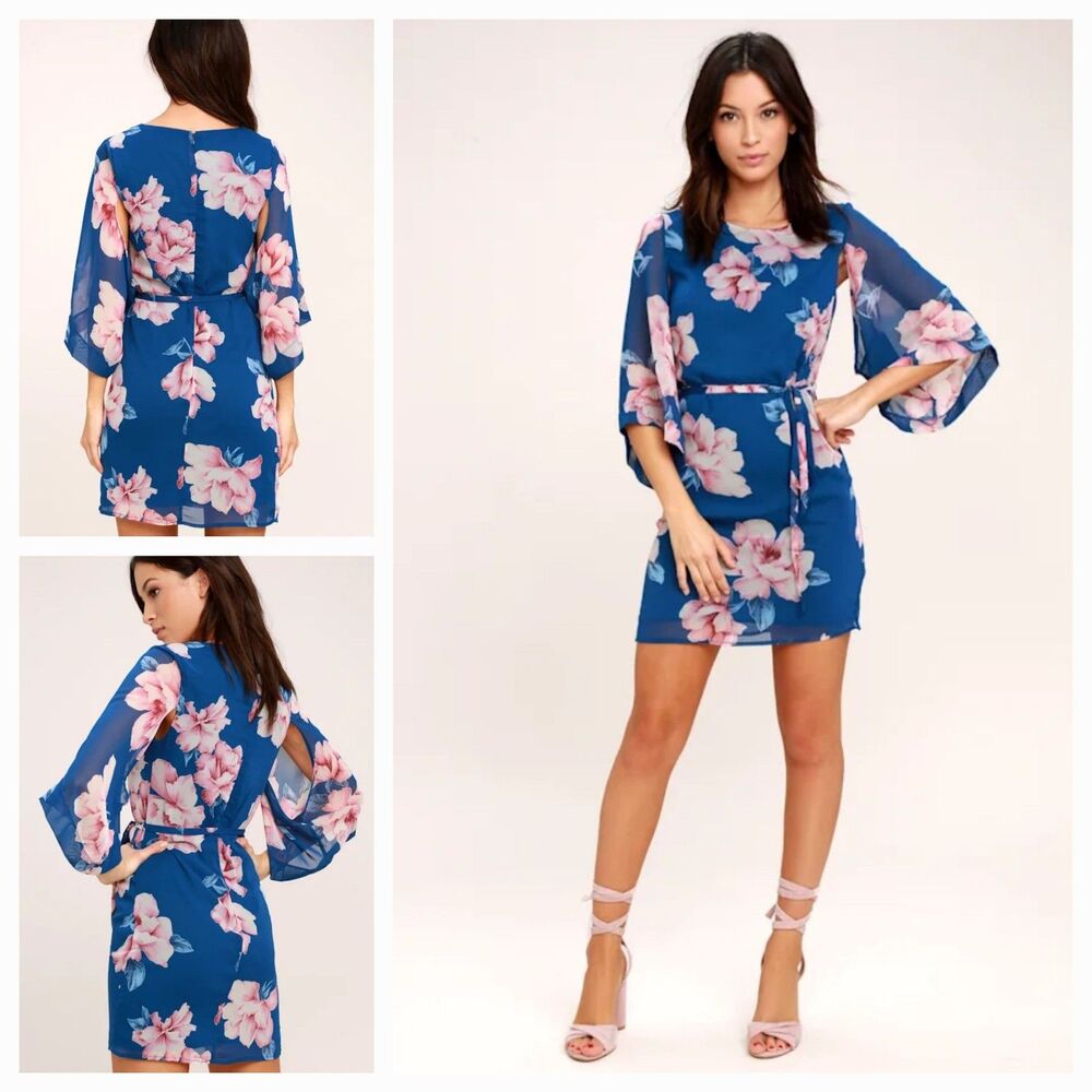 New LULUS W's (L) Joyful Noise Denim Blue & Pink Floral Print Chiffon Mini Dress